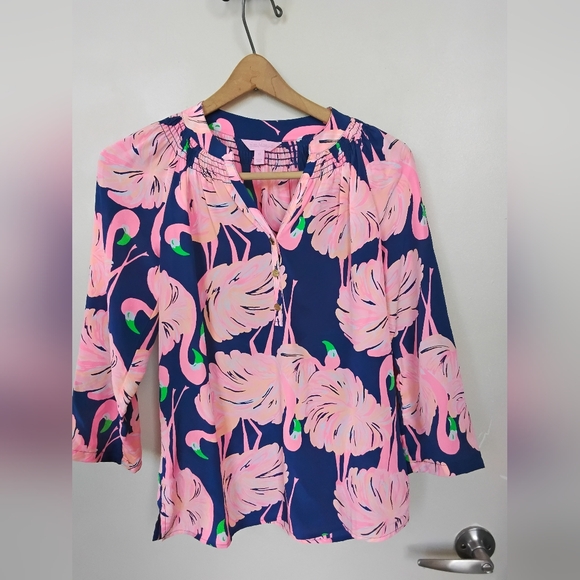 Lilly Pulitzer Tops - Lilly Pulitzer Flamingo-Print Navy and Pink Women's Blouse